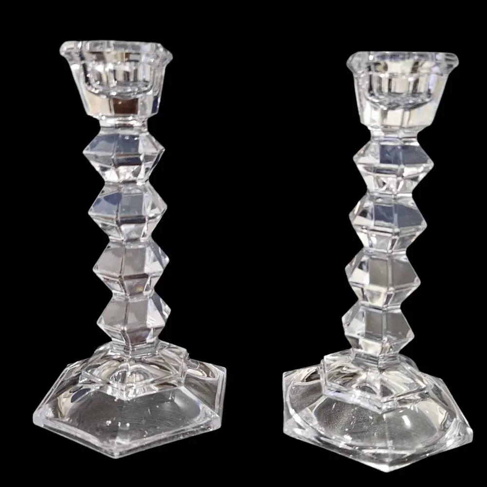 Vintage Clear Glass Candlestick Holders Pair Faceted Hexagon Art Deco 5.5